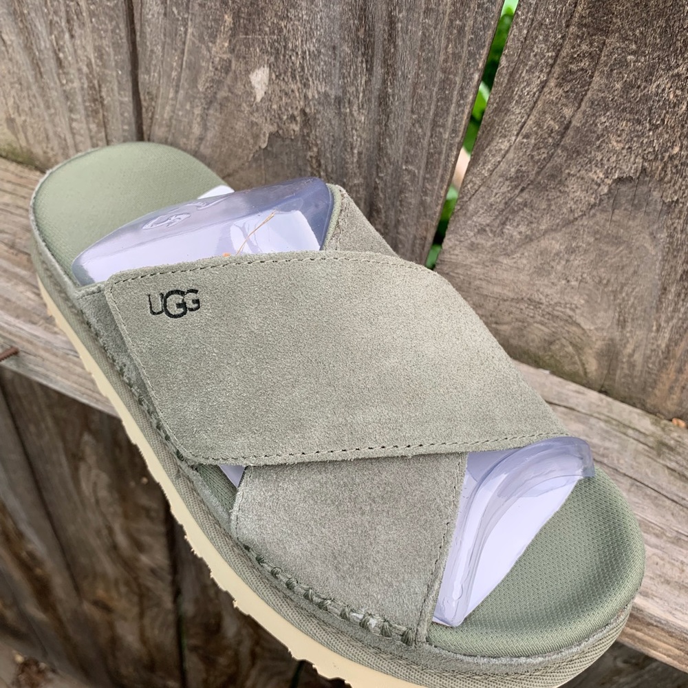 UGG Sandals Goldenstar Cross Platform Slide Moss Green Suede Leather - Picture 11 of 16